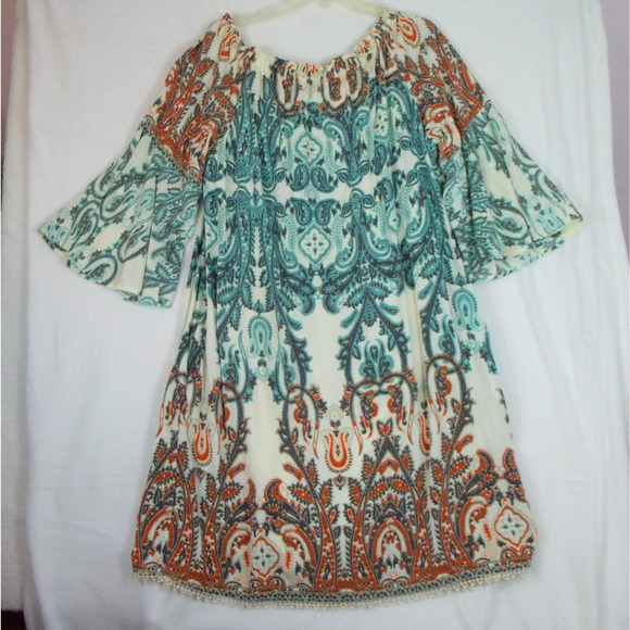 Old Navy Boho Mini Dress Paisley Peasant Short Sleeves‎ Tassels Size 22/24 Plus - Picture 2 of 15